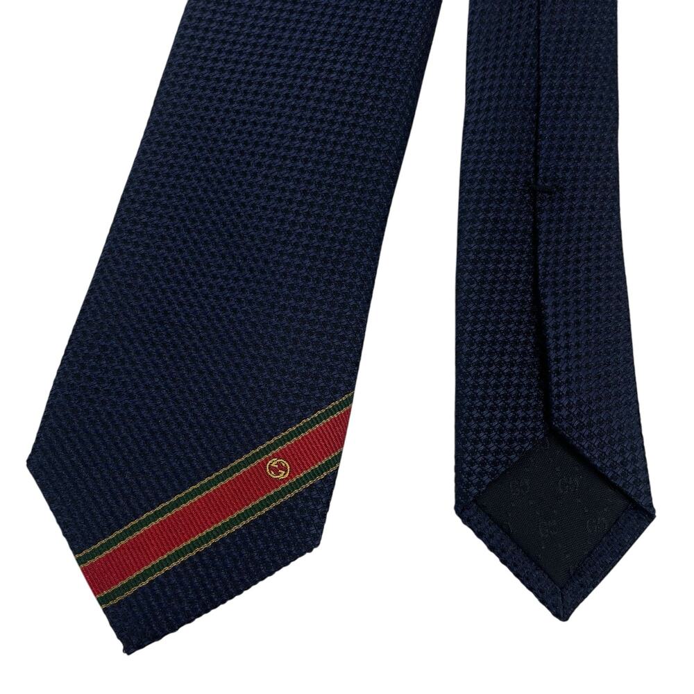 Gucci The Ricand Woven 100% Silk Tie Navy Green Red Stripe - Picture 4 of 8